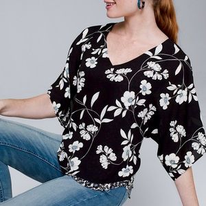 WHBM Kimono V-neck Blouse, Elbow Sleeve, Dreamscape Floral Print | Sz S